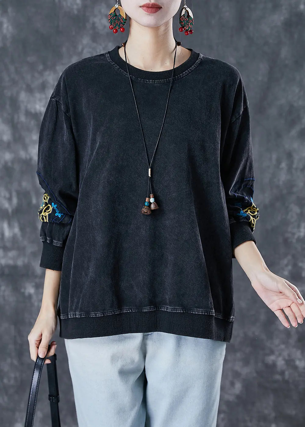 Black Oversized Cotton Pullover Sweatshirt Embroidered Fall Ada Fashion