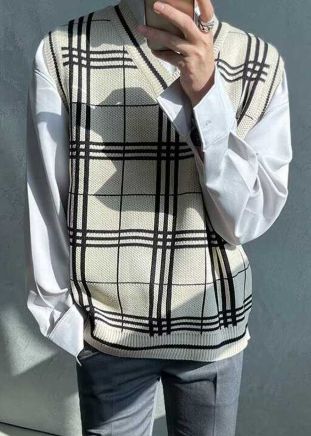 Black Plaid Loose Knit Men Waistcoat V Neck Sleeveless RJ033