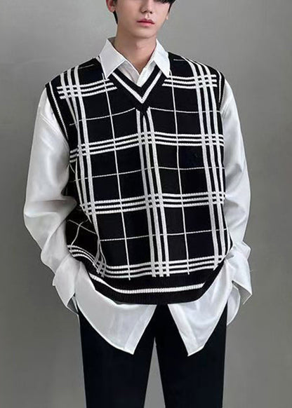 Black Plaid Loose Knit Men Waistcoat V Neck Sleeveless RJ033