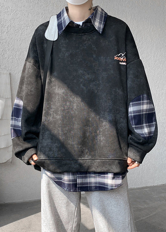 Black Fleece Collar Warm Peter Sweatshirt Men Pan Plaid Patchwork