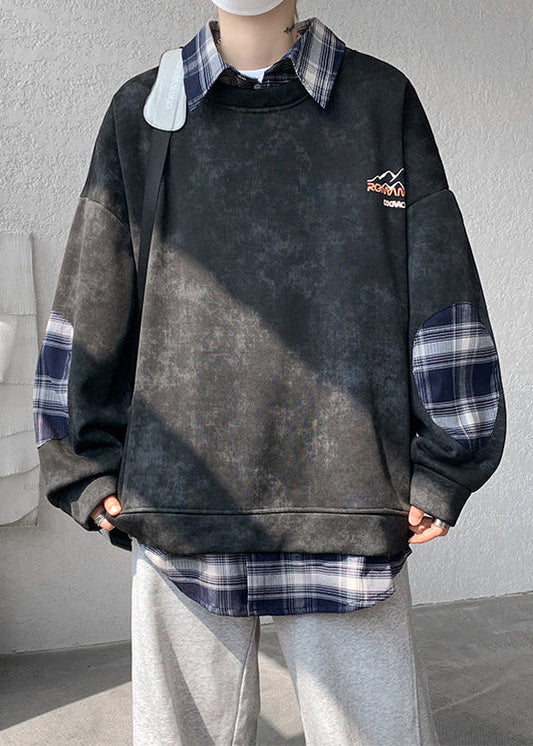 Black Fleece Collar Warm Peter Sweatshirt Men Pan Plaid Patchwork