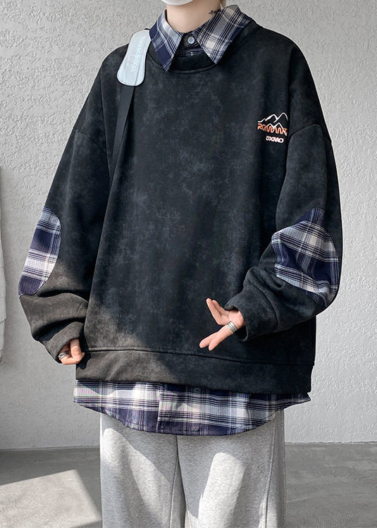Black Fleece Collar Warm Peter Sweatshirt Men Pan Plaid Patchwork