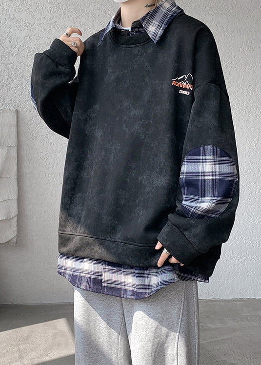 Black Fleece Collar Warm Peter Sweatshirt Men Pan Plaid Patchwork