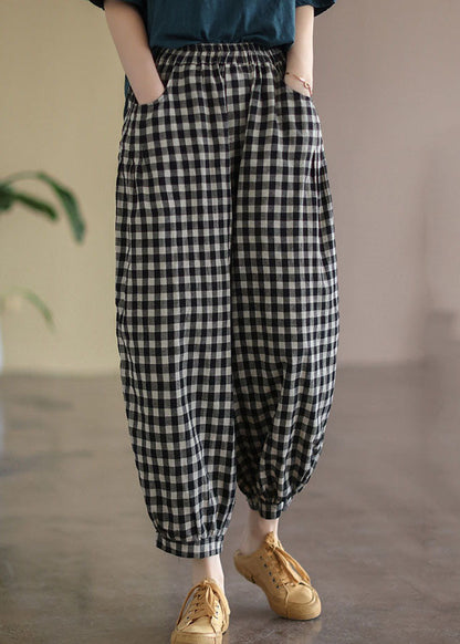 Black Plaid Pockets Plus Size Linen High Waist Crop Pants Summer FF021