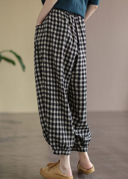 Black Plaid Pockets Plus Size Linen High Waist Crop Pants Summer FF021