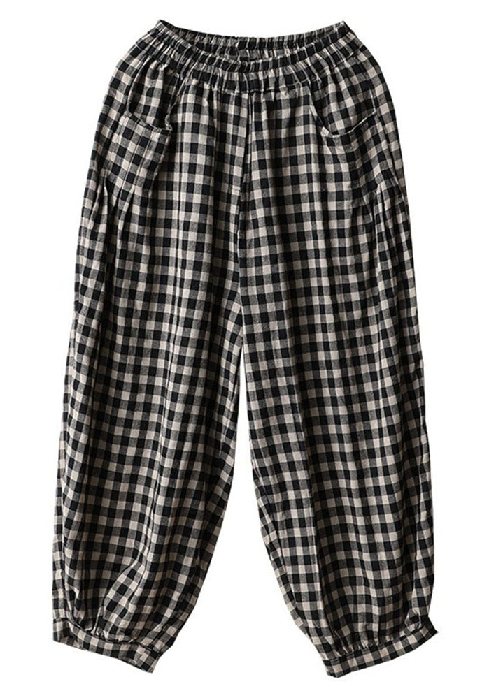 Black Plaid Pockets Plus Size Linen High Waist Crop Pants Summer FF021