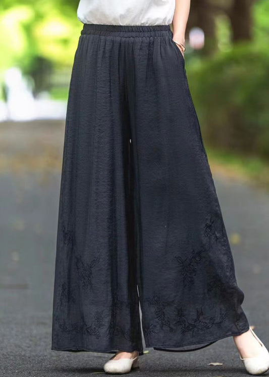 Silk Pockets Elastic Black Summer Embroidered Waist Pants