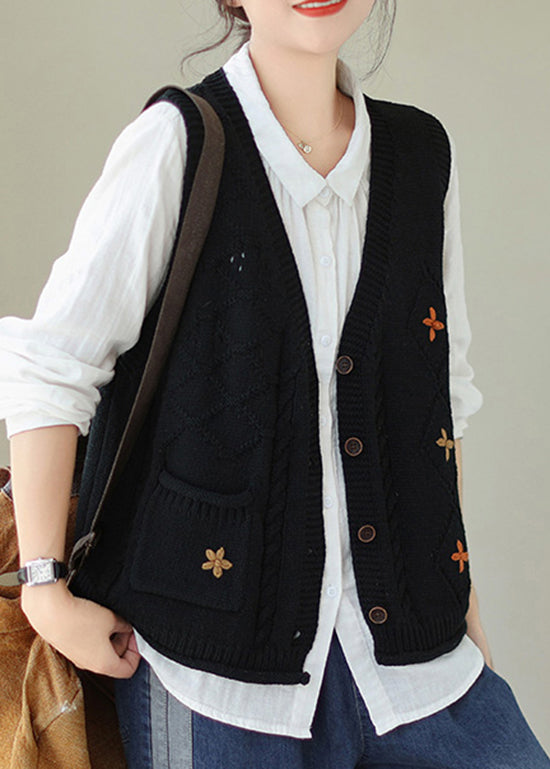 Black Pockets Knit Vest V Neck Button Sleeveless QA032