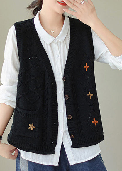 Black Pockets Knit Vest V Neck Button Sleeveless QA032