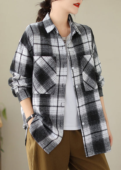 Black Pockets Plaid Casual Cotton Shirts Coat Peter Pan Collar Fall QO049