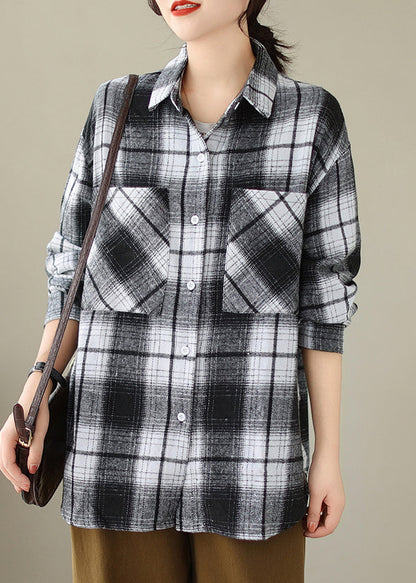 Black Pockets Plaid Casual Cotton Shirts Coat Peter Pan Collar Fall QO049