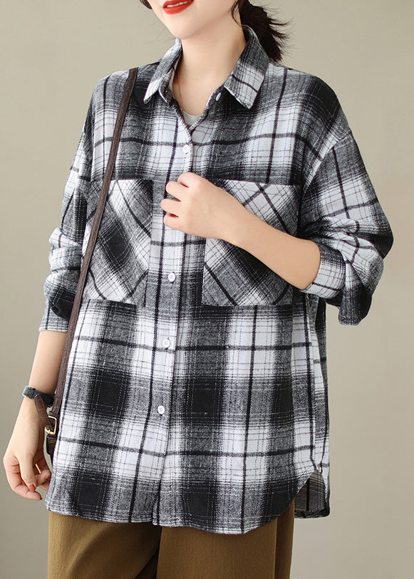 Black Pockets Plaid Casual Cotton Shirts Coat Peter Pan Collar Fall QO049