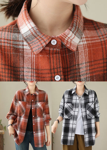 Black Pockets Plaid Casual Cotton Shirts Coat Peter Pan Collar Fall QO049