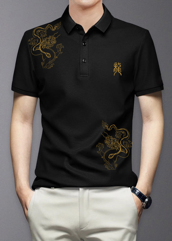 Chemise en coton à boutons noirs, imprimé polo d'été pour homme, coupe slim