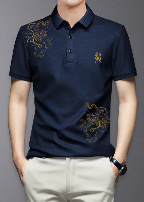 Chemise en coton à boutons noirs, imprimé polo d'été pour homme, coupe slim