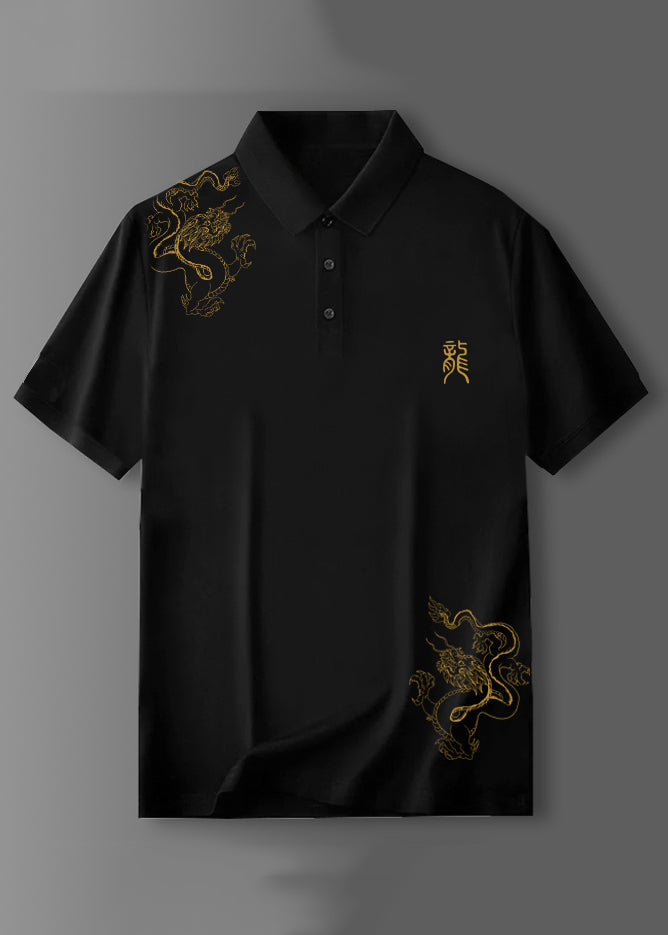 Chemise en coton à boutons noirs, imprimé polo d'été pour homme, coupe slim