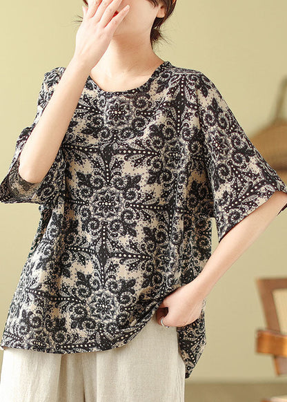 Black Print Loose Cotton Top O Neck Short Sleeve AP088