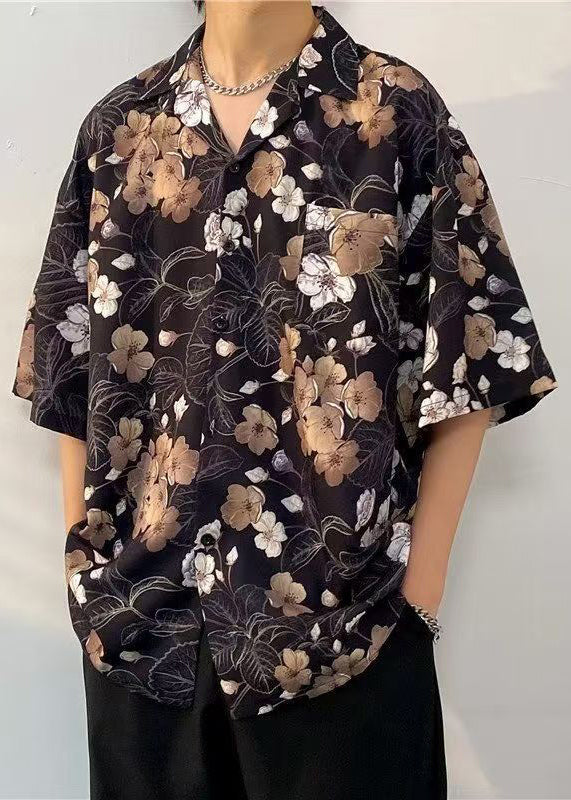 Chemises en coton imprimé Pan Peter noires à demi-col et poches pour homme