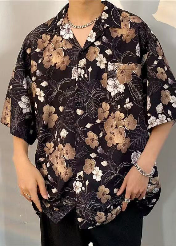 Chemises en coton imprimé Pan Peter noires à demi-col et poches pour homme