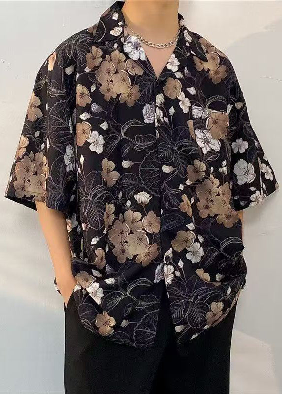 Chemises en coton imprimé Pan Peter noires à demi-col et poches pour homme