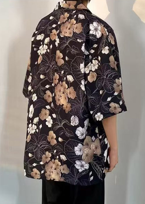 Chemises en coton imprimé Pan Peter noires à demi-col et poches pour homme