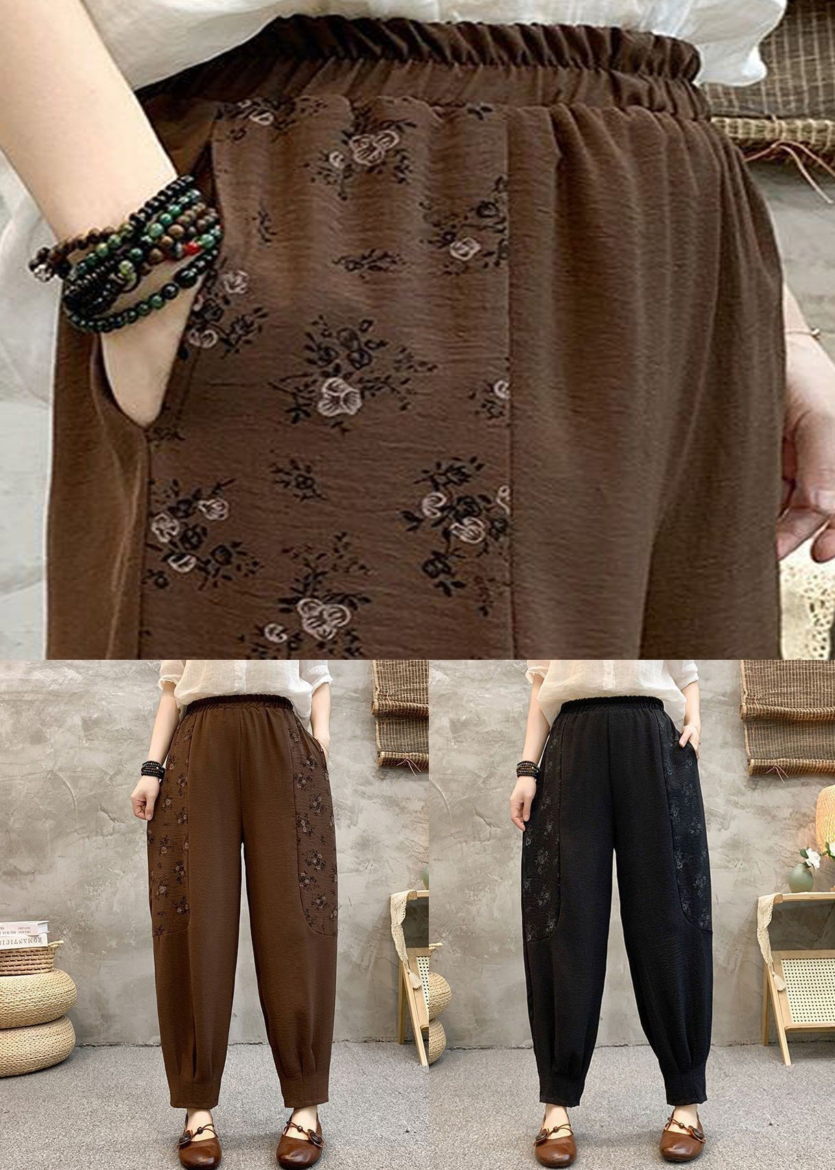 Black Print Pockets Cotton Summer Harem Pants High Waist AU1048