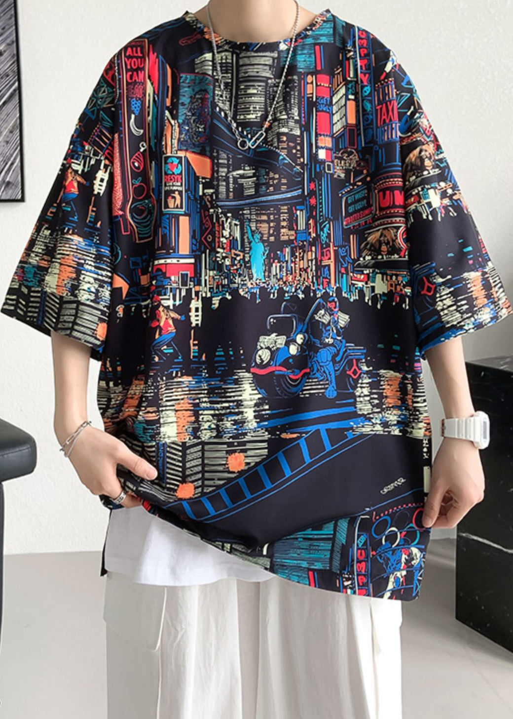 T-shirt d'été en coton imprimé à col ouvert pour homme, noir