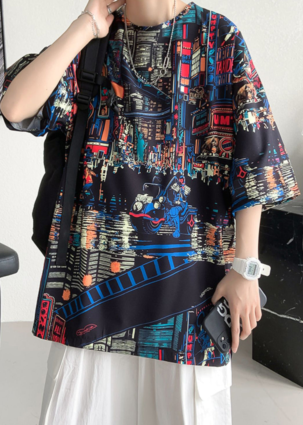 T-shirt d'été en coton imprimé à col ouvert pour homme, noir