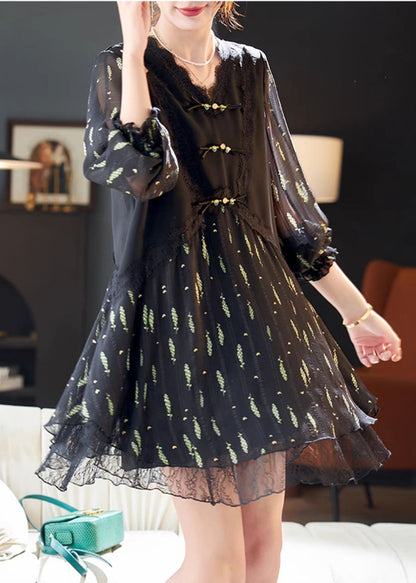 Black Print Silk Holiday Dress Chinese Button Summer YY016