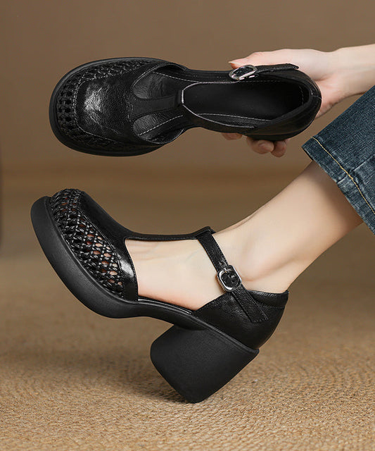 Black Hollow Strap Out Sheepskin Heel Splicing Buckle Chunky