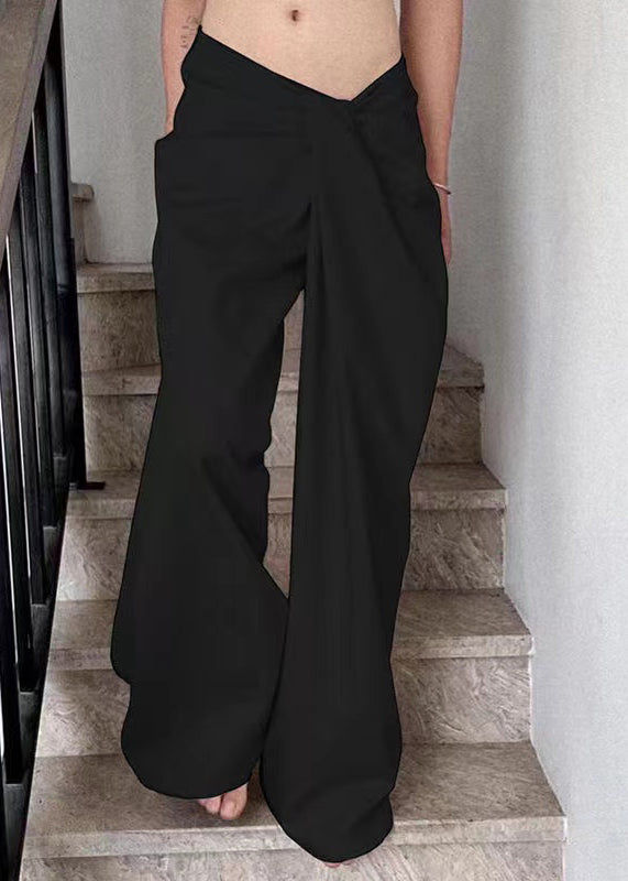 Black Solid Cotton Wide Leg Summer Pants Asymmetrical PP023