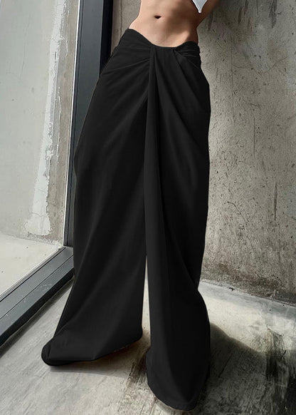 Black Solid Cotton Wide Leg Summer Pants Asymmetrical PP023