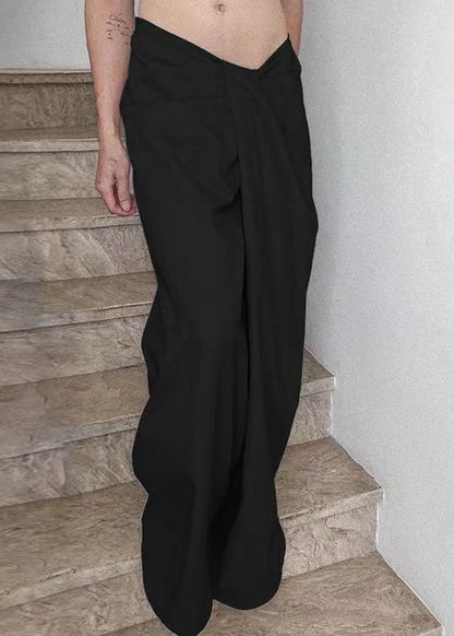 Black Solid Cotton Wide Leg Summer Pants Asymmetrical PP023