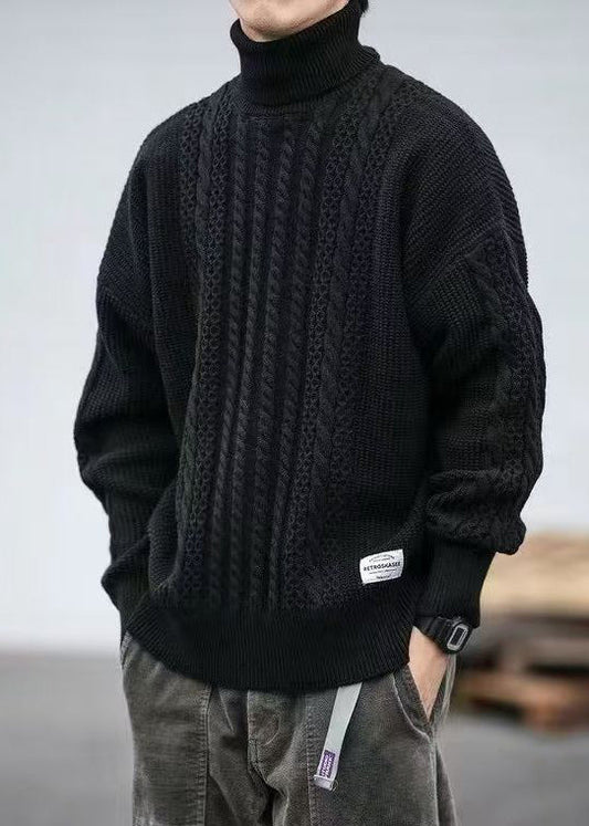 Black Solid Cozy Men Cable Knit Sweaters Turtleneck Winter RJ038