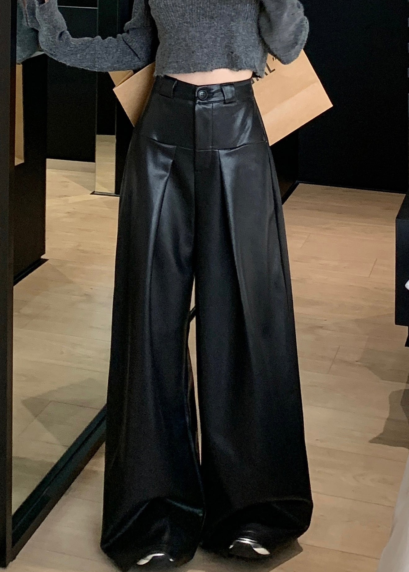 Black Solid Faux Leather Wide Leg Pants High Waist PP032