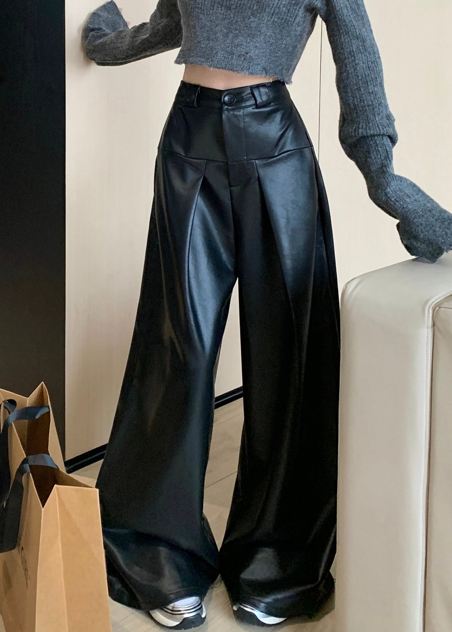 Black Solid Faux Leather Wide Leg Pants High Waist PP032