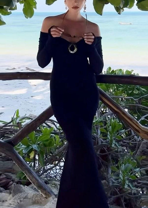 Long Waist Side Dress Black Spring Solid High Back Cotton Open
