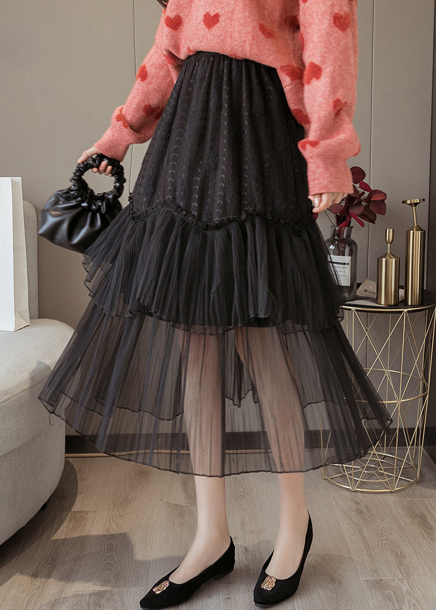 Black Solid Lace Patchwork Chiffon Skirts Elastic Waist Ada Fashion
