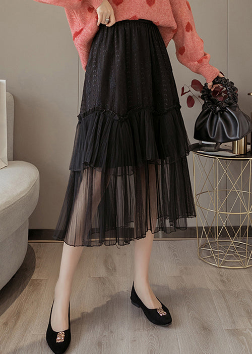 Black Solid Lace Patchwork Chiffon Skirts Elastic Waist Ada Fashion