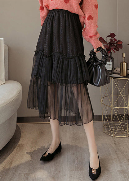 Black Solid Lace Patchwork Chiffon Skirts Elastic Waist Ada Fashion