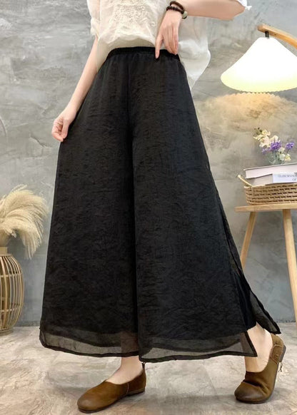 Black Solid Linen Summer Wide Leg Pants High Waist AU1069