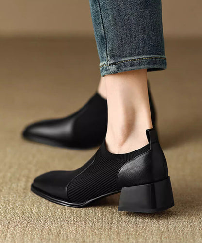 Black Splicing Chunky Heel Cowhide Leather Penny Loafers AP1005