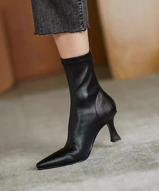 Black Splicing High Heel Boots Pointed Toe Zippered WB004