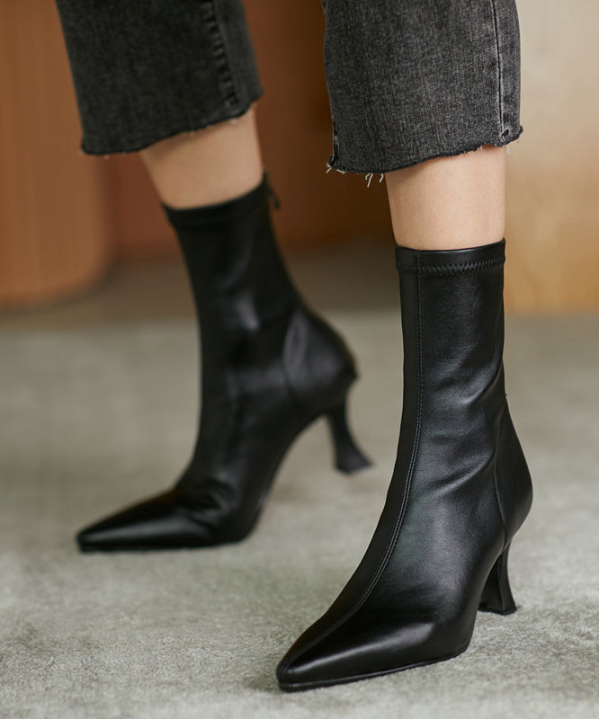 Black Splicing High Heel Boots Pointed Toe Zippered WB004