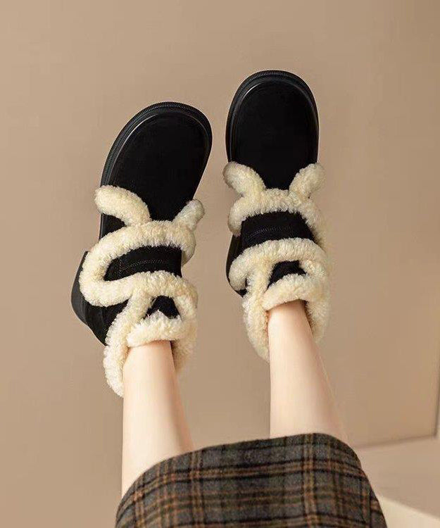 Black Splicing Suede Chunky Boots Fuzzy Wool Lined TP015