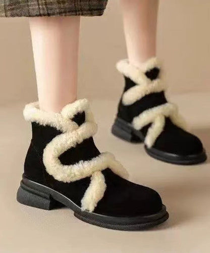 Black Splicing Suede Chunky Boots Fuzzy Wool Lined TP015