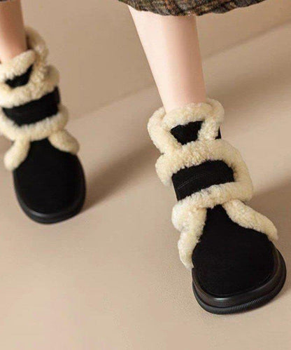 Black Splicing Suede Chunky Boots Fuzzy Wool Lined TP015