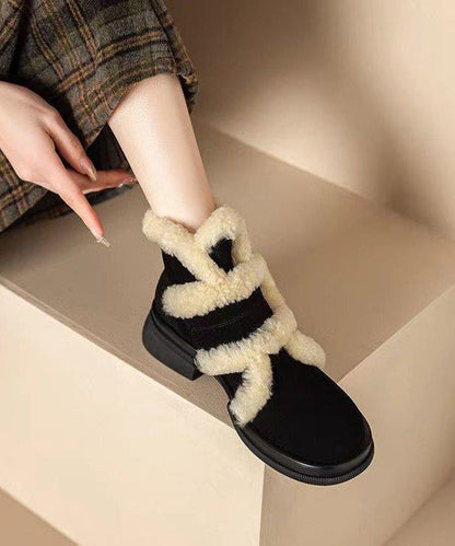 Black Splicing Suede Chunky Boots Fuzzy Wool Lined TP015