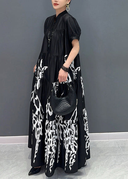 Black Stand Collar Button Maxi Dress Short Sleeve AY1050