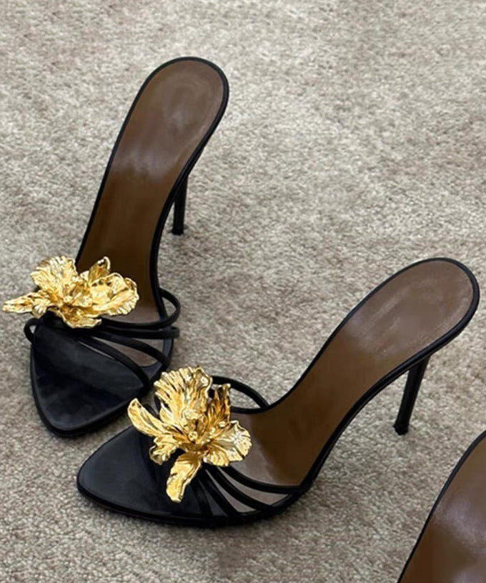 Spleißen Floral Slide Sandalen Faux Schwarz Mode Stiletto Leder